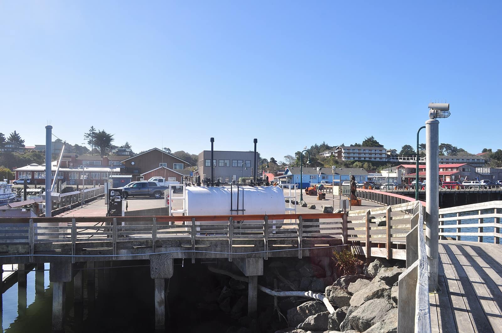Bandon Old Town seen from the boardwalk, with shops and buildings along the harbor