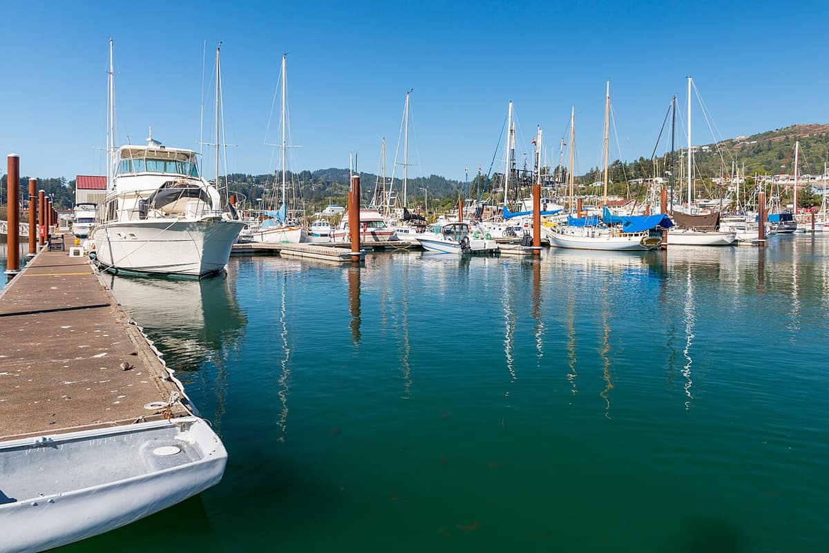 Sailboats and powerboats moored at floating docks in Brookings Harbor