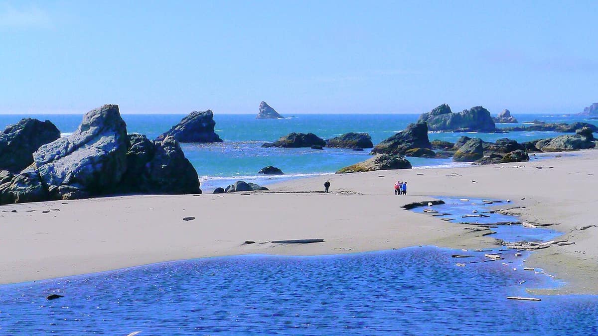people walking a wide sandy beach among sea stacks at Harris Beach State Park
