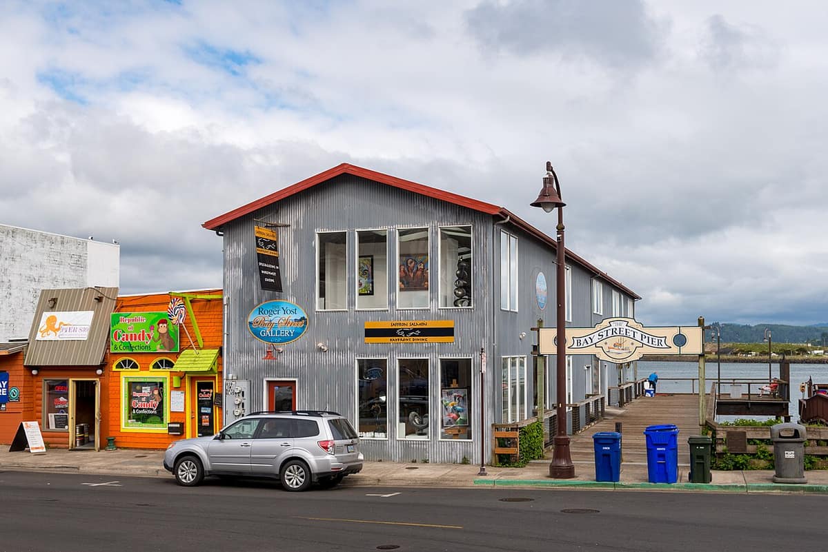 A corrugated metal building beside the Bay Street Pier on the Newport Bayfront