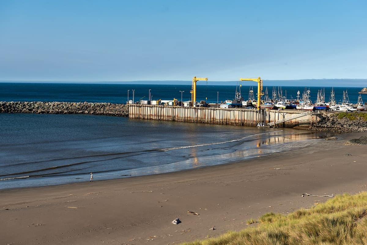The Port Orford dock with two yellow cranes, fishing boats on the hardstand and a breakwater, seen from the beach