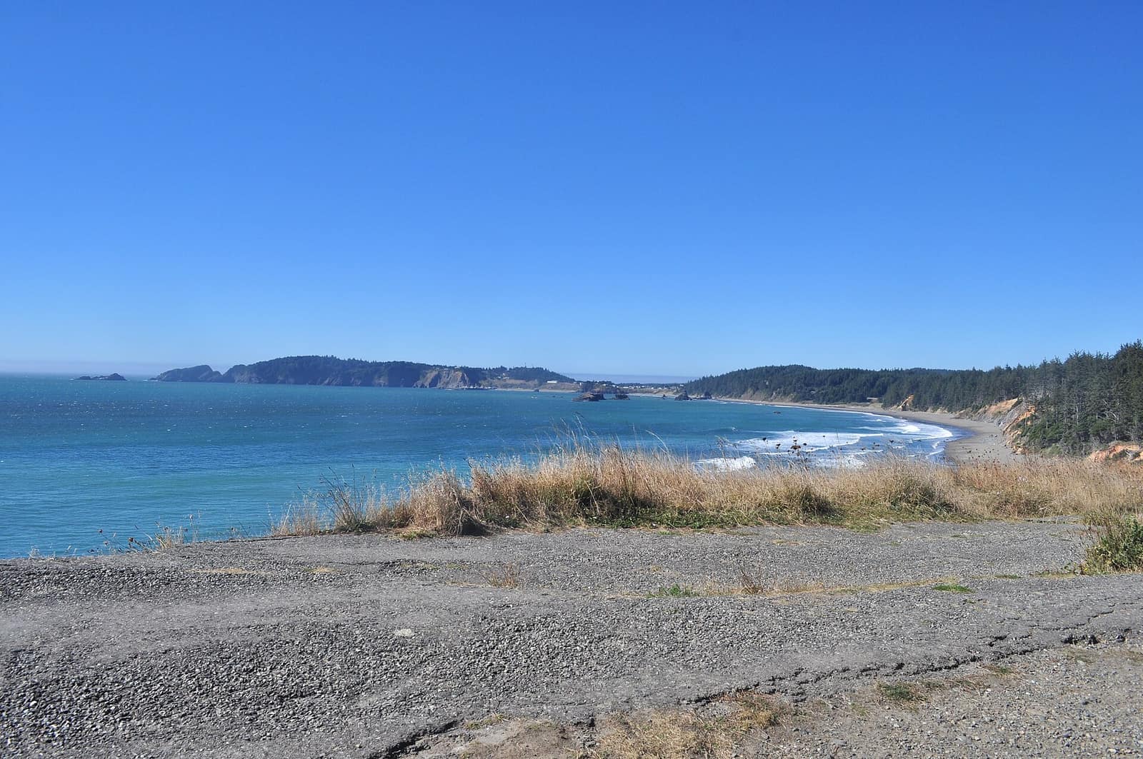 The curve of the Oregon coast seen from a bluff, with the Port Orford headland across the water