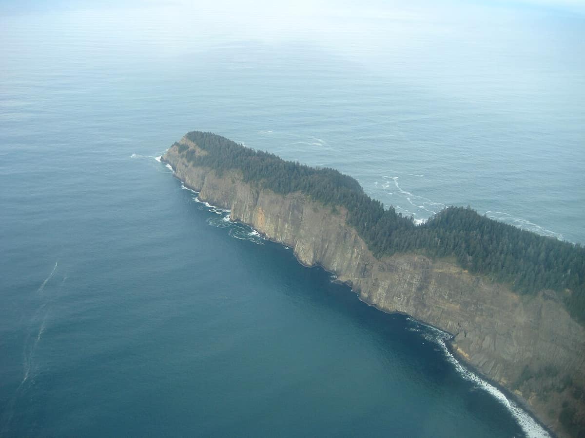 Aerial view of Cape Lookout, a forested headland with sheer cliffs above the Pacific